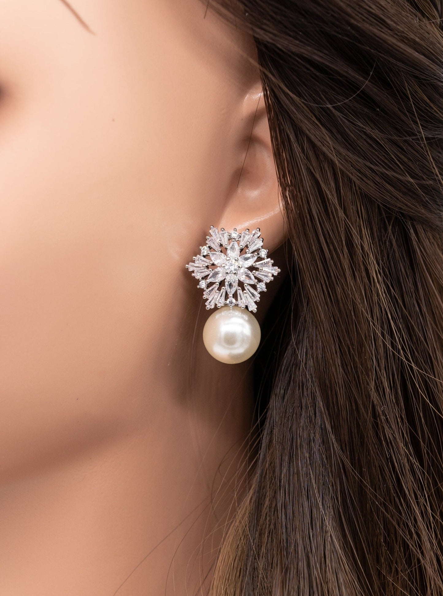 Full diamond snowflake pearl silver earrings